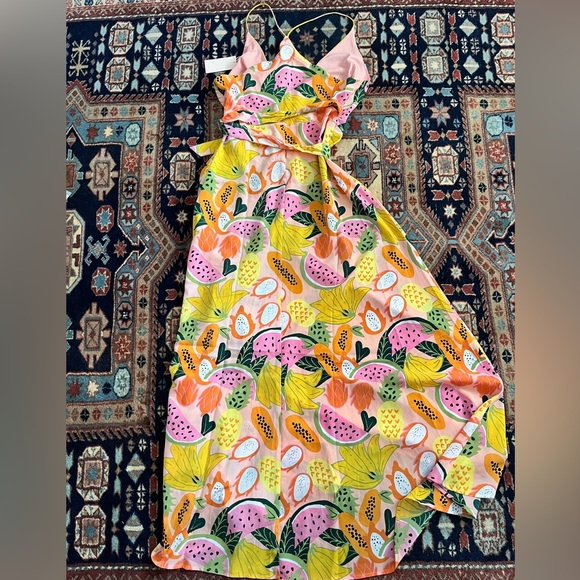 NWT Anthropologie Hutch Glenne Tropical Fruit Wrap Dress Maxi pink orange S - Picture 3 of 8